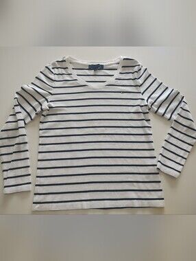 Tommy Hilfiger White and Navy Striped Long Sleeve Shirt Size Large